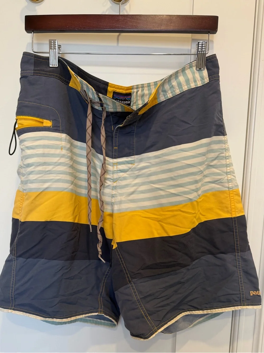 Patagonia Men’s Navy, Yellow & Light Blue Striped Board Shorts